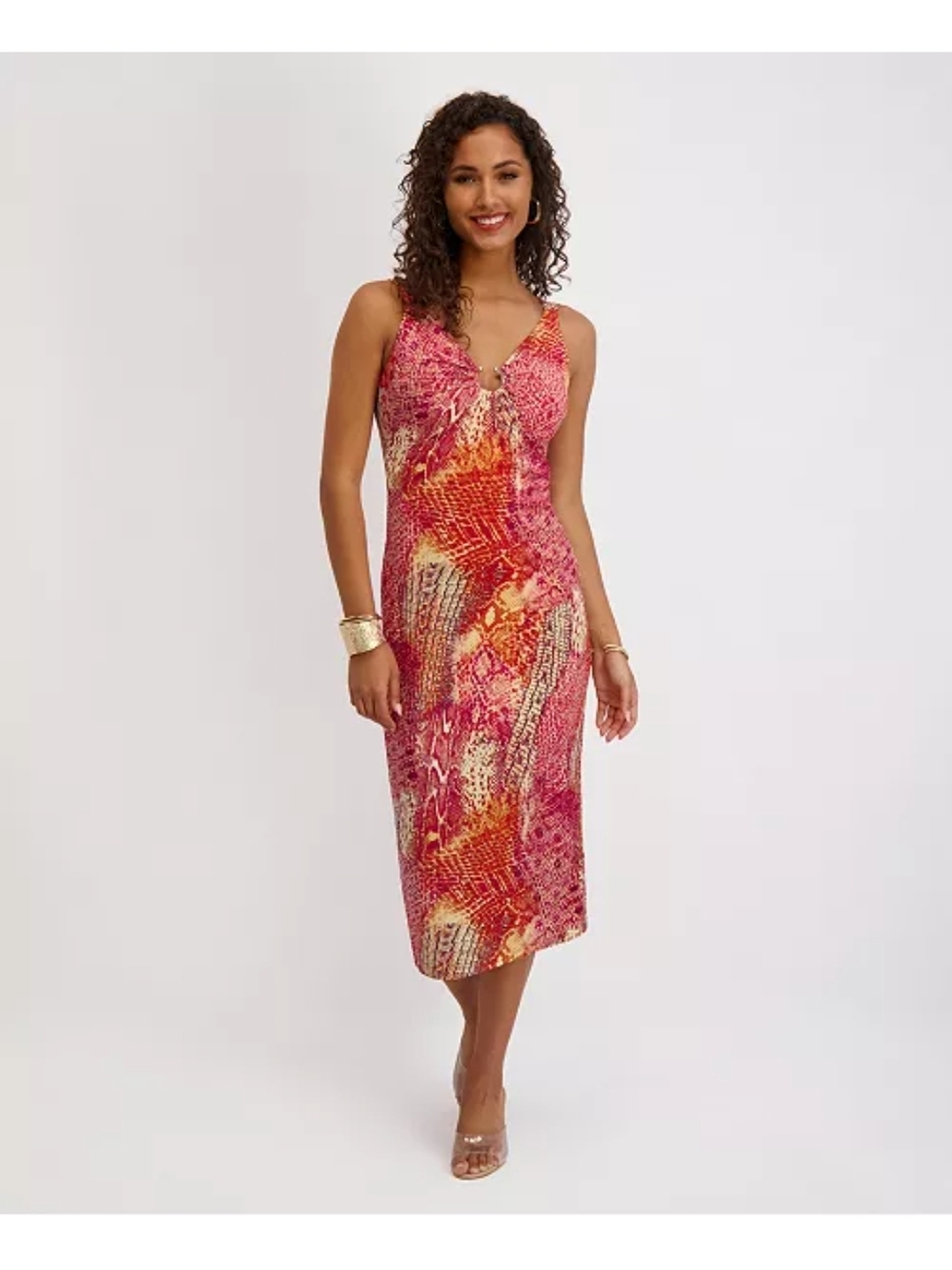 Vibrant Pink & Orange Printed Midi Dress Size 12
